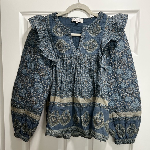 Sea New York Tops - Sea New York Blue Floral Ruffle Peasant Blouse